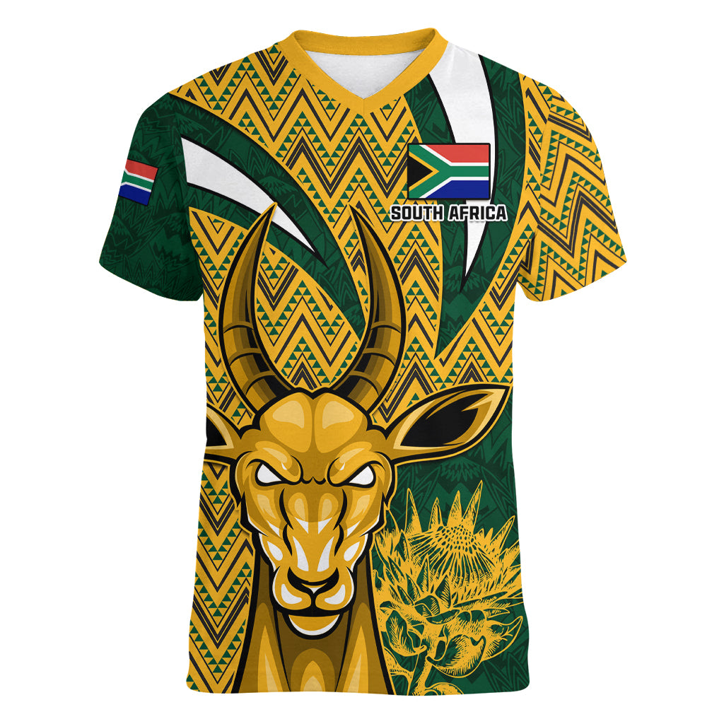 Custom South Africa Rugby Women V Neck T Shirt Come On Bokke Champion World Cup 2023 - Wonder Print Shop