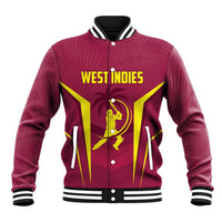 Red West Indies baseball jacket with snap front, ribbed collar, bold front graphic