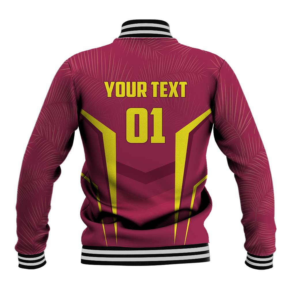 Red baseball jacket with striped ribbed collar, snap front, back graphic with "01"
