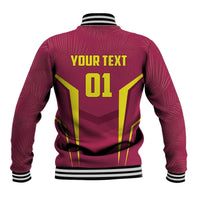 Red baseball jacket with striped ribbed collar, snap front, back graphic with "01"