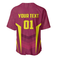 Custom baseball jersey back, maroon-red with YOUR TEXT 01 and yellow graphic stripes.