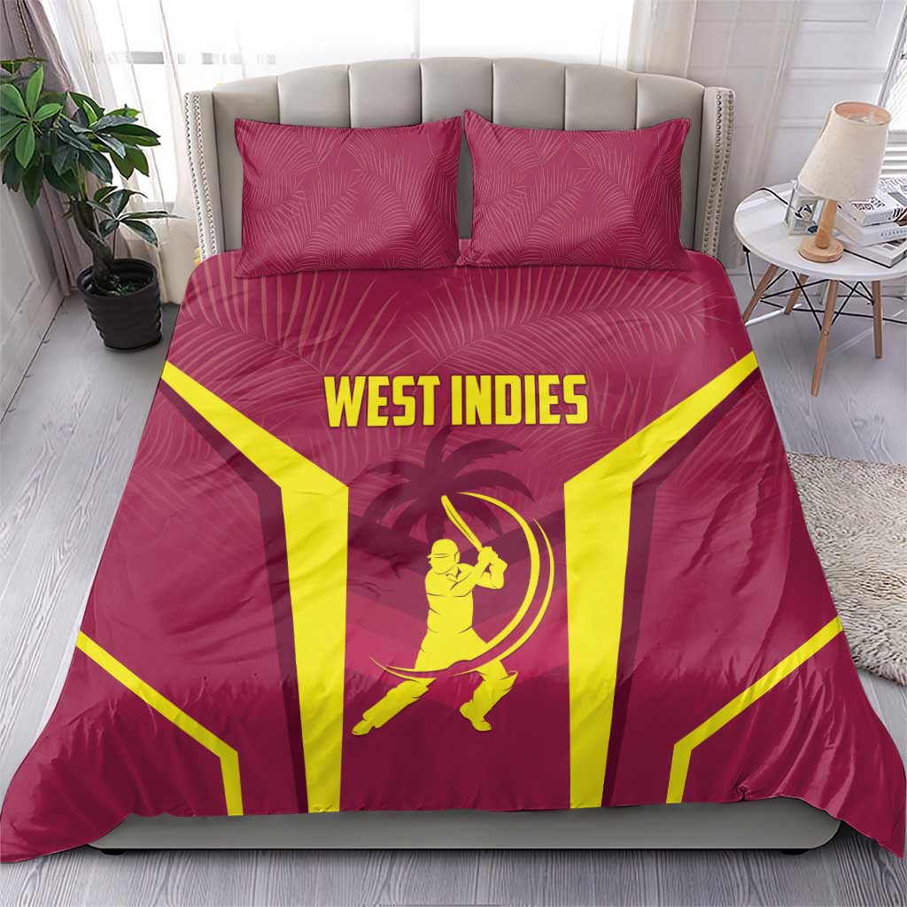 Maroon West Indies duvet set with two pillows featuring yellow crest and batsman figure