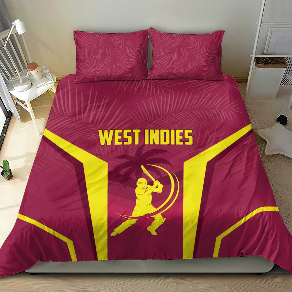 Maroon duvet and pillow set with West Indies lettering and yellow V-shaped frame graphics
