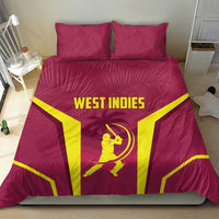 Maroon duvet and pillow set with West Indies lettering and yellow V-shaped frame graphics