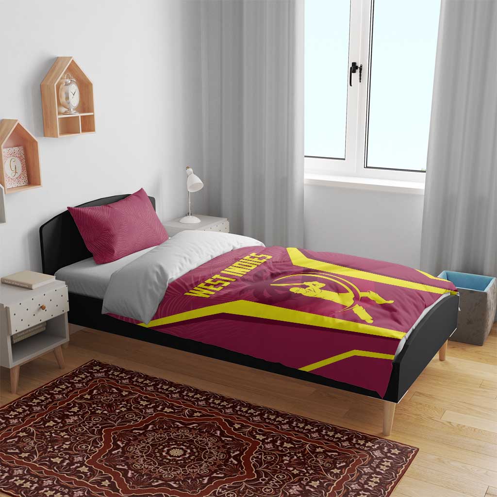 Maroon cricket-themed duvet with West Indies print and yellow accents on a bed