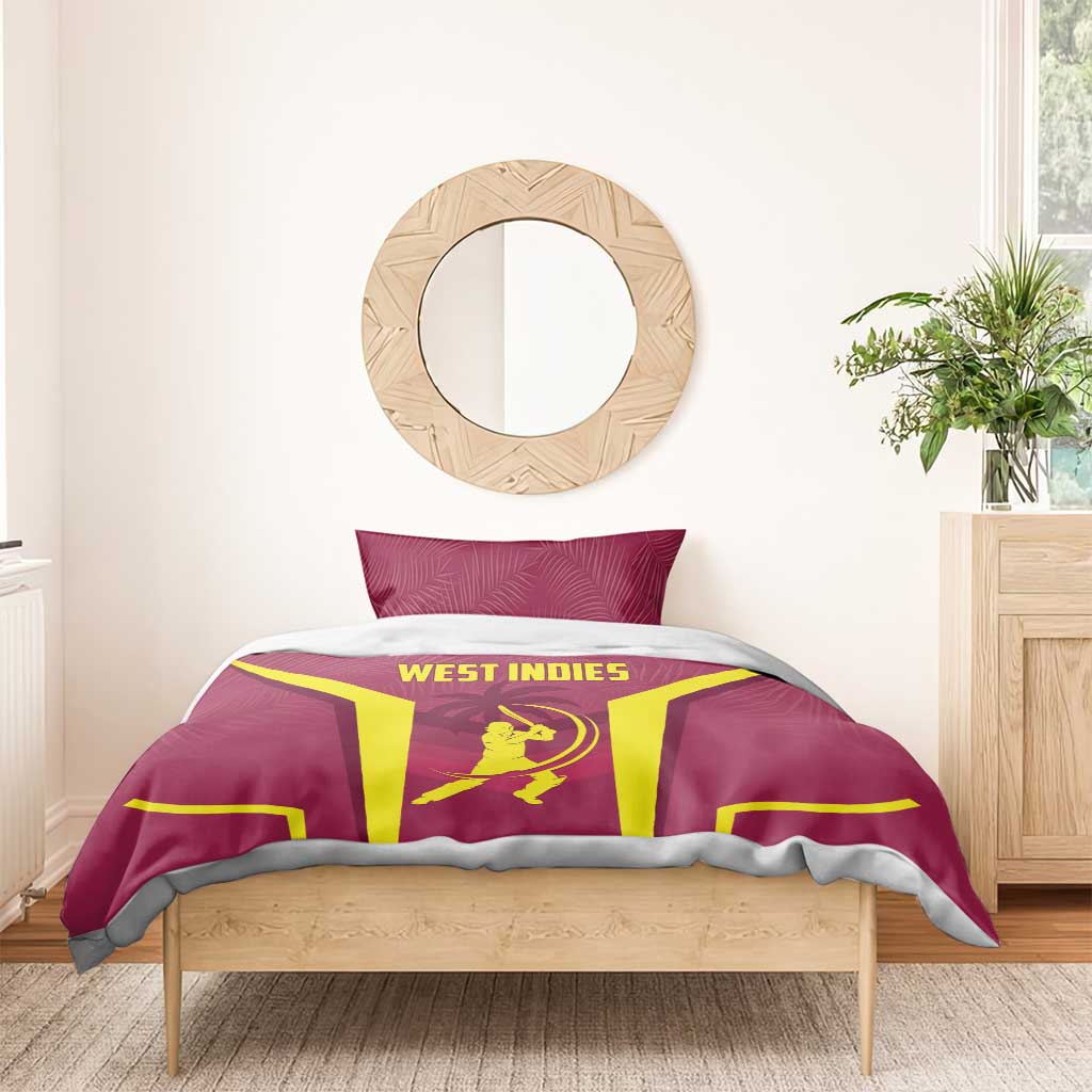 Maroon bedding set with West Indies text on the duvet and two matching pillows