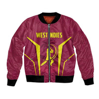 Red bomber jacket with black ribbed collar, front zip, West Indies yellow emblem
