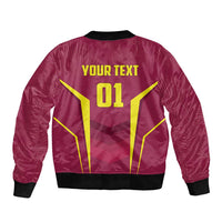 Red bomber jacket with black ribbed hem, back print 'YOUR TEXT' and '01' in yellow