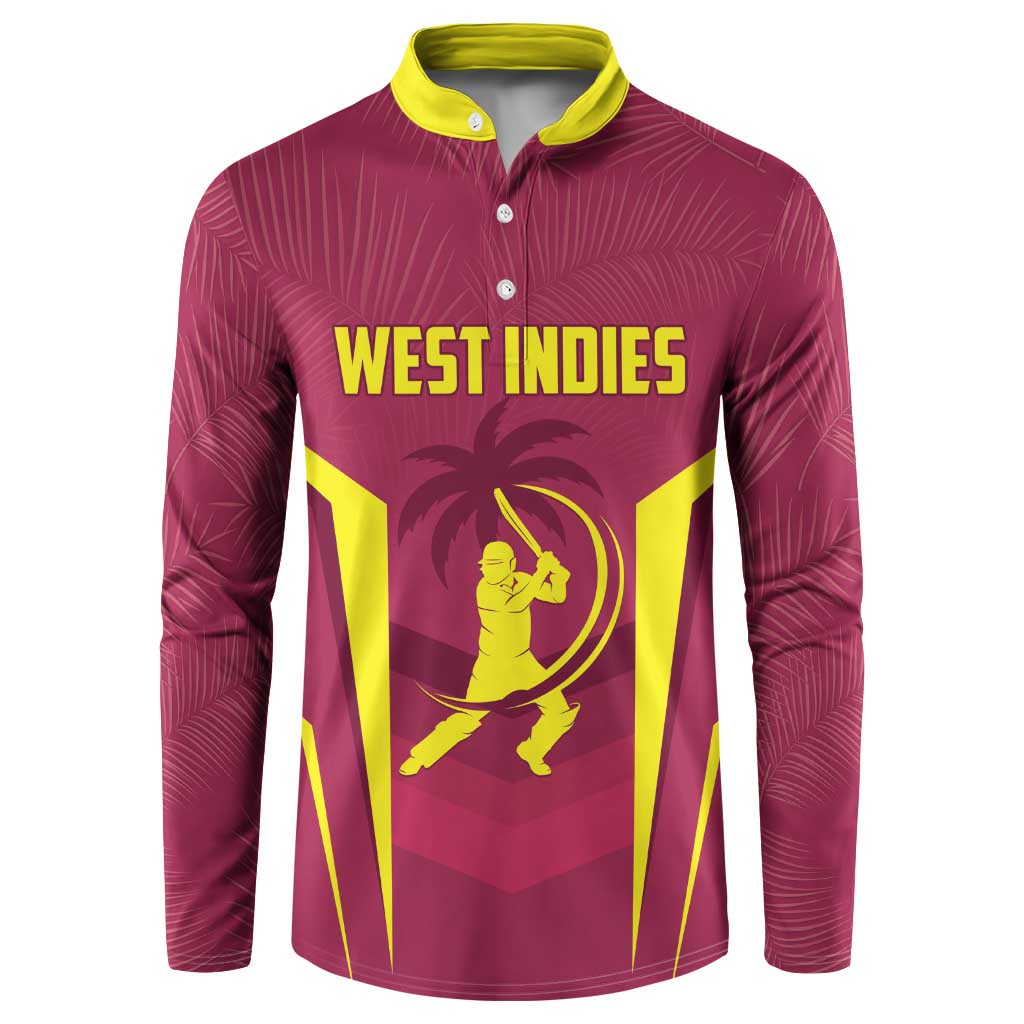 Maroon button-front sweatshirt with yellow collar and West Indies graphic, long sleeves.