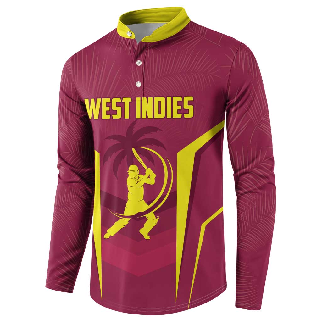 Maroon button-front sweatshirt with yellow collar and West Indies text graphic, long sleeves.