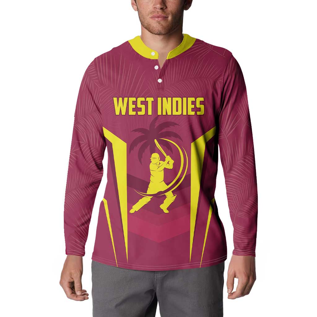 Maroon West Indies button-front sweatshirt with yellow collar, worn by model, long sleeves.