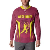 Maroon West Indies button-front sweatshirt with yellow collar, worn by model, long sleeves.