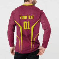 Maroon sweatshirt back with yellow YOUR TEXT and 01 print, long sleeves.
