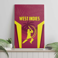 Red canvas wall art featuring West Indies lettering and kneeling cricket batter icon