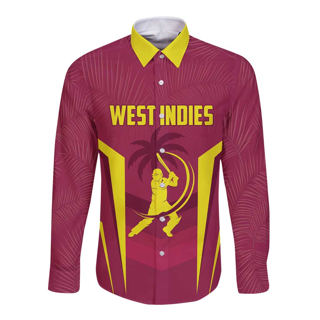 Red cricket long-sleeve button shirt, yellow collar, 'WEST INDIES' front print