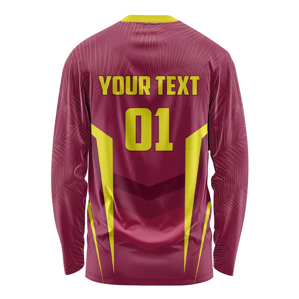 West Indies cricket long sleeve shirt, maroon back with YOUR TEXT and 01 in yellow