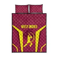 Red quilt bed set with West Indies text and cricket player graphic, yellow trim, two pillows