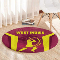 Round West Indies cricket rug, maroon with yellow batter graphic and bold WEST INDIES letters