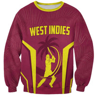 Unisex maroon cricket sweatshirt with yellow WEST INDIES graphic and batsman print