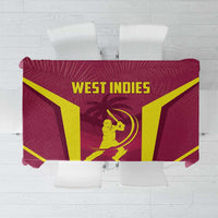 Red cricket-themed tablecloth with West Indies text and yellow arch design
