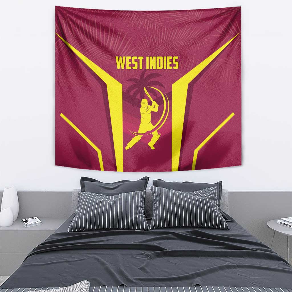 Red West Indies cricket tapestry featuring yellow V-shape lines and central cricket player