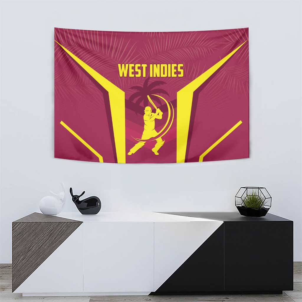 Red West Indies cricket tapestry with gold “WEST INDIES” text and cricket batsman icon