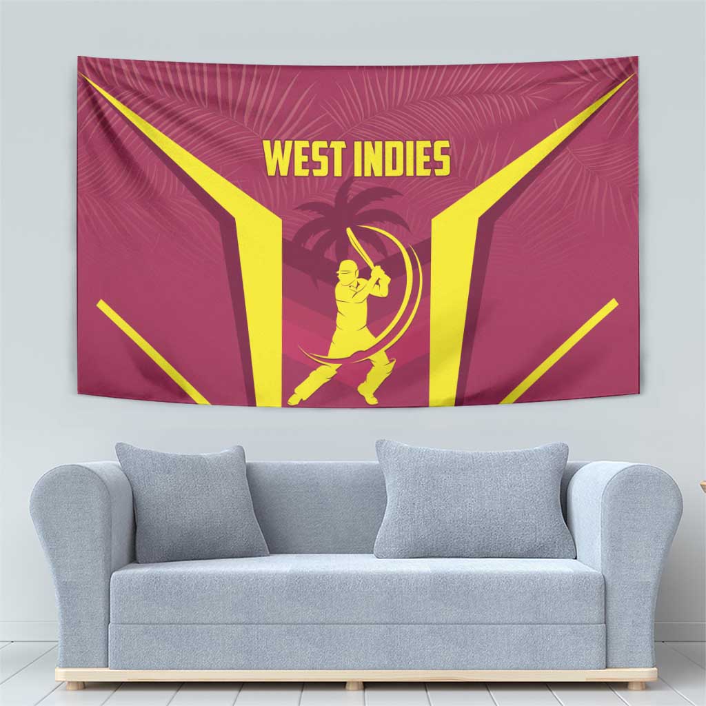 Red West Indies cricket tapestry with yellow arrow design and gold player in center