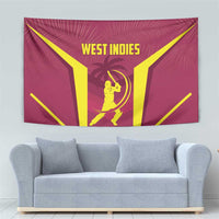 Red West Indies cricket tapestry with yellow arrow design and gold player in center
