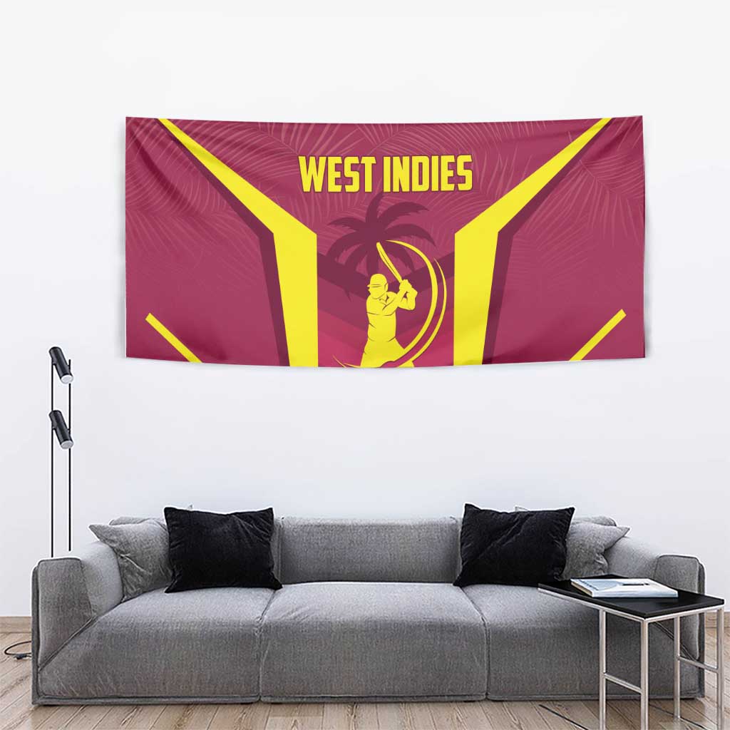 Red West Indies cricket tapestry showing yellow V rays and gold batsman holding bat
