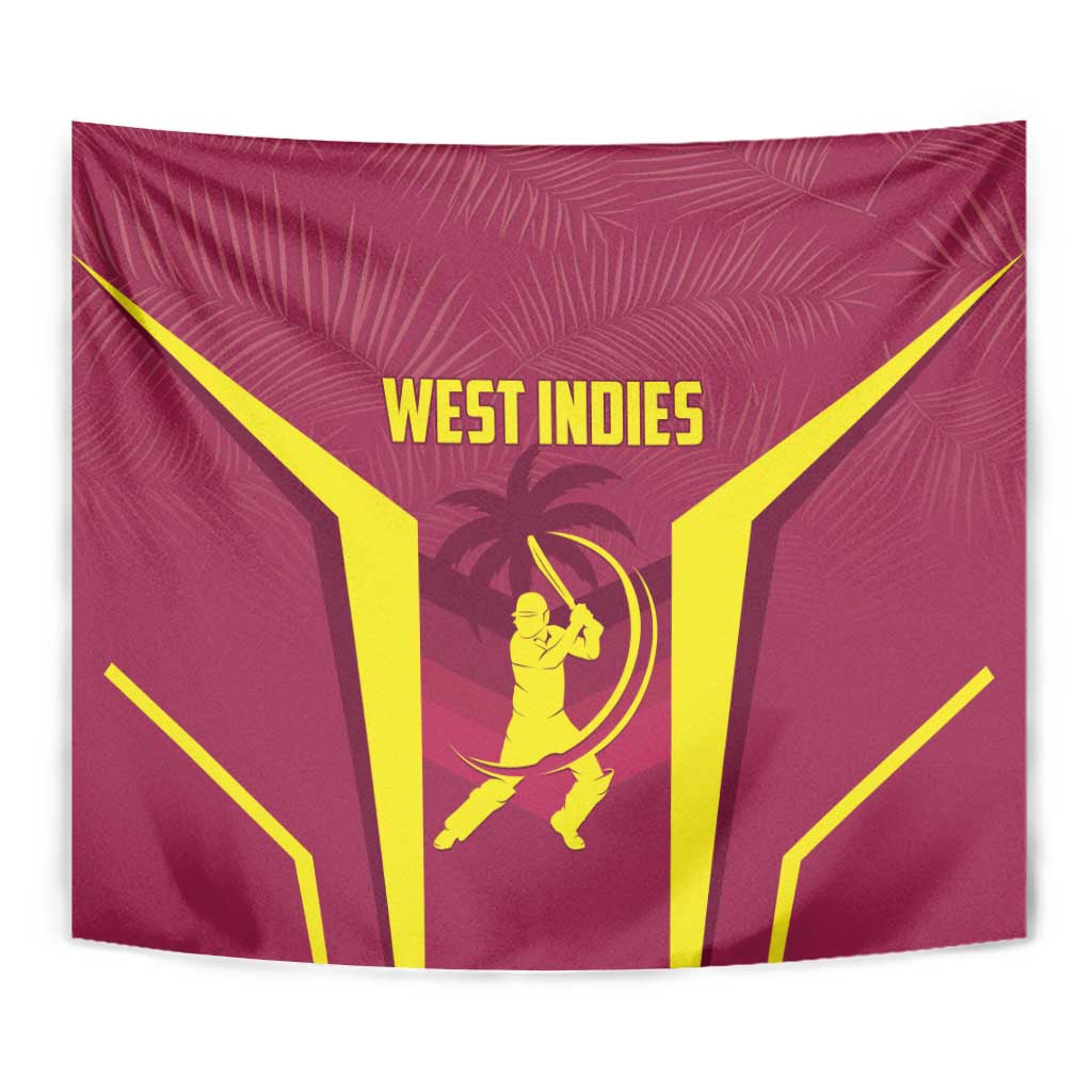 Close view of red West Indies cricket tapestry with gold player and yellow frame design