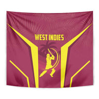Close view of red West Indies cricket tapestry with gold player and yellow frame design