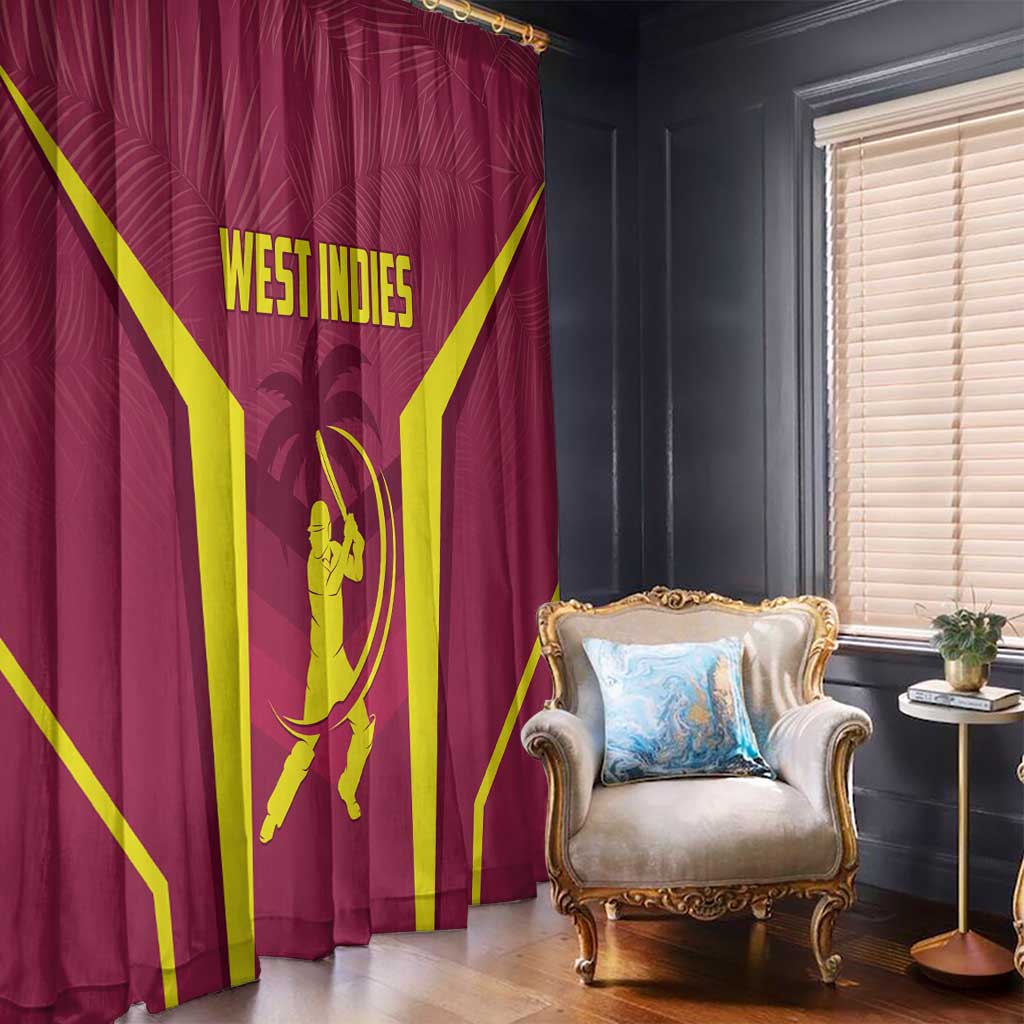 Red West Indies style window curtains with yellow emblem and crisscross sunburst