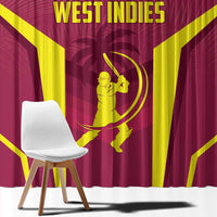 Red cricket window curtain panel with large yellow West Indies text and mascot