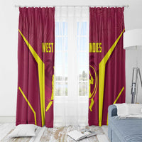 Red cricket window curtain panels with yellow rays and West Indies text, centered view