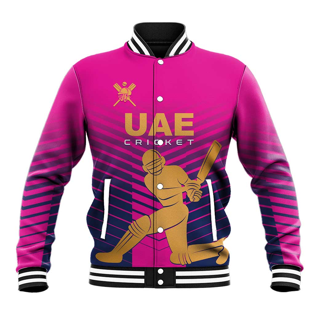 Pink cricket baseball jacket with snap buttons, striped sleeves, and UAE player graphic