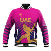 Pink cricket baseball jacket with snap buttons, striped sleeves, and UAE player graphic