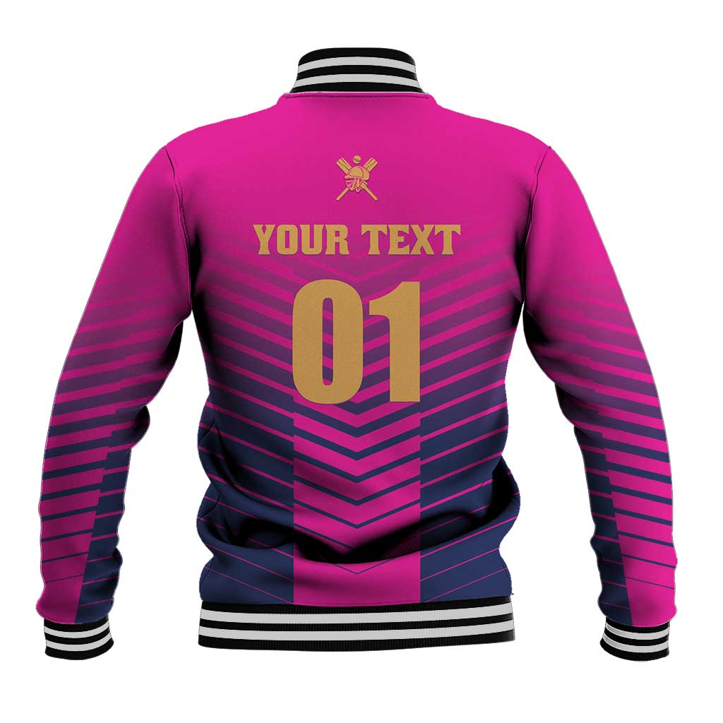 Pink cricket baseball jacket back with 'YOUR TEXT 01', striped pattern, ribbed trim