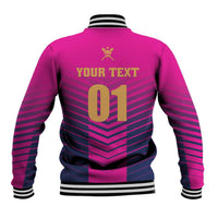 Pink cricket baseball jacket back with 'YOUR TEXT 01', striped pattern, ribbed trim