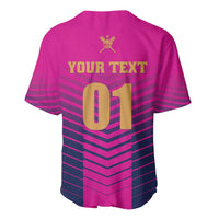 Boys pink cricket jersey back with zigzag stripes, "YOUR TEXT" and number 01