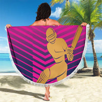 Pink cricket beach blanket, round with white fringe, featuring UAE Cricket and batter illustration