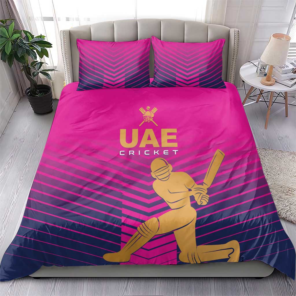 Pink UAE cricket duvet cover and pillowcases with gold logo, chevron stripe pattern
