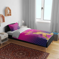Pink UAE cricket bedding set on a bed, gold logo and chevron stripe batting player print