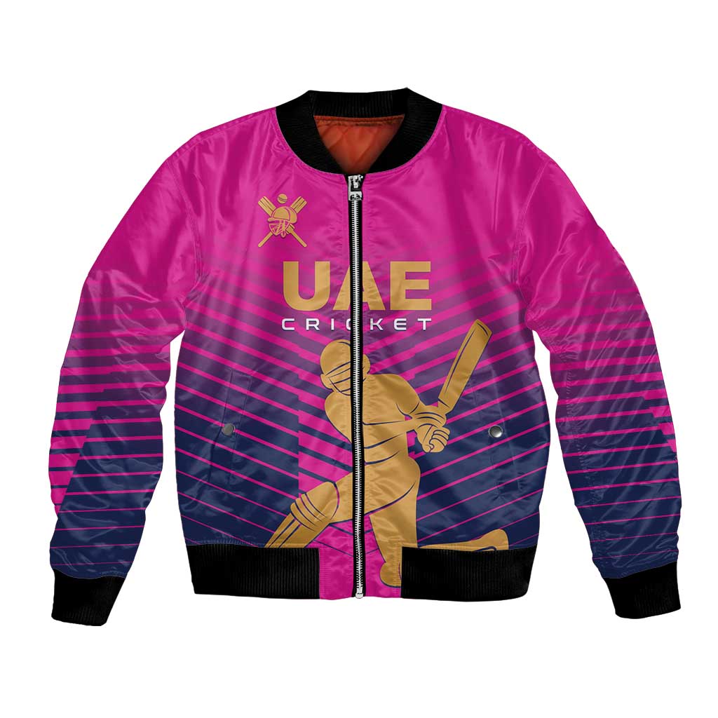 Pink bomber jacket with front zipper, black ribbed trim, UAE Cricket graphic front