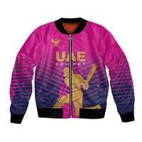 Pink bomber jacket with front zipper, black ribbed trim, UAE Cricket graphic front