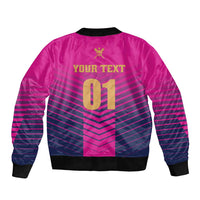 Pink bomber jacket with black ribbed trim, large back '01' and cricket stripe graphic