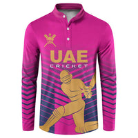 Pink boys cricket sweatshirt, button placket, gold UAE Cricket graphic, striped sleeves