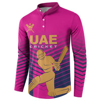Pink boys cricket sweatshirt, button placket, UAE Cricket player graphic, striped sleeves