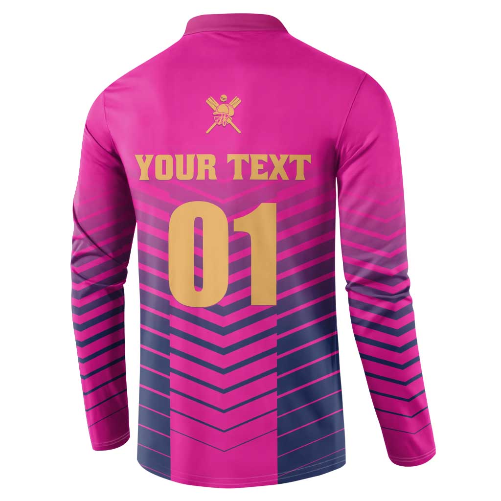 Pink boys cricket sweatshirt back, 'YOUR TEXT 01' design, striped sleeves