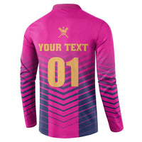 Pink boys cricket sweatshirt back, 'YOUR TEXT 01' design, striped sleeves