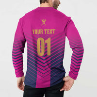 Pink boys cricket sweatshirt back on model, 'YOUR TEXT 01' design, striped pattern